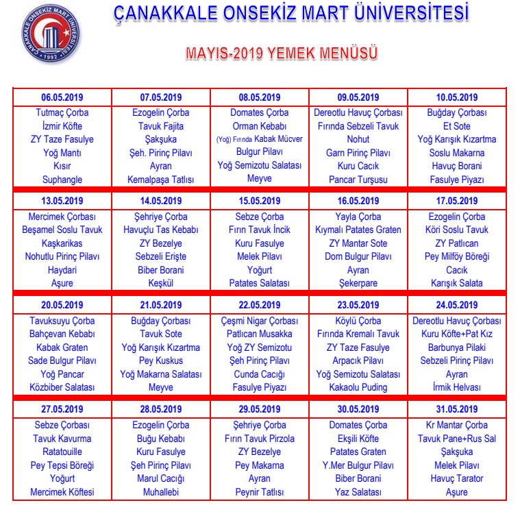 canakkale onsekiz mart universitesi yemek listesi 2019